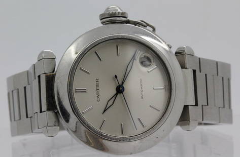 Cartier Pasha C Stainless Steel Automatic Wrist Watch: Fine mid size 35mm stainless steel Cartier Pasha C automatic wrist watch Ref. 1031. Fine steel circular case attached to a steel Cartier "H" link band measuring 6 1/2" in length (including case).