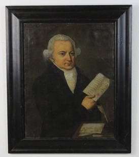 Attributed Francisco Jose de Goya Portait Oil Painting: Portrait of a wigged gentleman oil on canvas painting attributed to Francisco Jose de Goya. Depicts a distinguished gentleman with a letter. The envelope is signed Goya 1799. Work measures 28 1/2" x