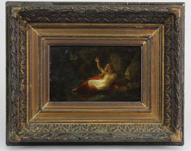 Henri Fantin Latour Figural Landscape 5x8 Oil Painting: Antique Henri Fantin Latour (1836-1904 France) oil on board painting. "Femme dans un paysage" Depicts a classical female in landscape. Estate wax seal on verso with title. Housed in an ornate antique