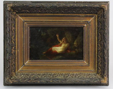 Henri Fantin Latour Figural Landscape 5x8 Oil Painting: Antique Henri Fantin Latour (1836-1904 France) oil on board painting. "Femme dans un paysage" Depicts a classical female in landscape. Estate wax seal on verso with title. Housed in an ornate antique