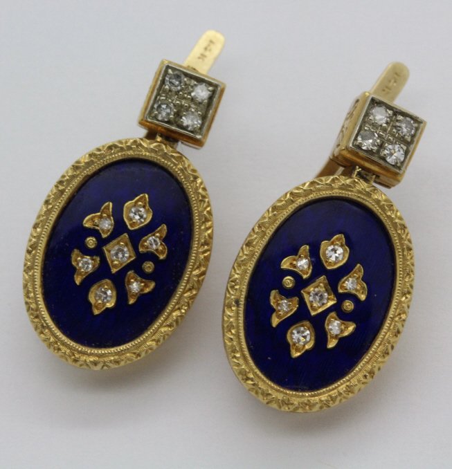 Victorian Revival 14K Gold Diamond Blue Enamel Earrings (1 of 6)