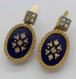 Victorian Revival 14K Gold Diamond Blue Enamel Earrings: Pair of Victorian romantic revival style earrings. Crafted of solid 14k gold. Features oval drops with rich cobalt blue enameled center set with diamonds in a decorative pattern. Drops enhanced with