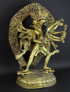 19th C. Nepalese Samvara Consort Gilt 33" Bronze Statue