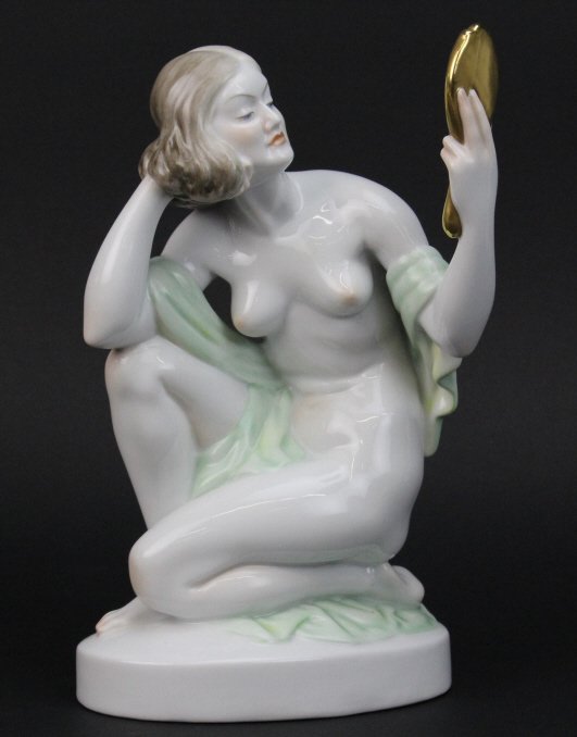 Herend Hungary Art Deco Nude 9 1/2" Porcelain Figurine: Large Herend Hungary figurine. Crafted of fine quality hand painted hungarian porcelain. Depicts a art deco style nude woman with gold gilt mirror in her hand. Marked with herend blue backstamp. Condi