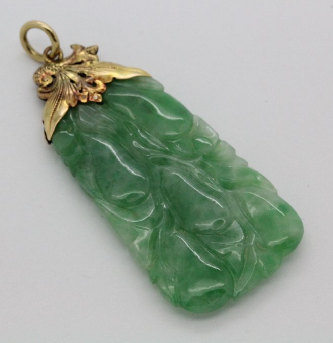 Vintage Chinese 14k Gold Green Jade Carved Pendant 9.8g (1 of 5)