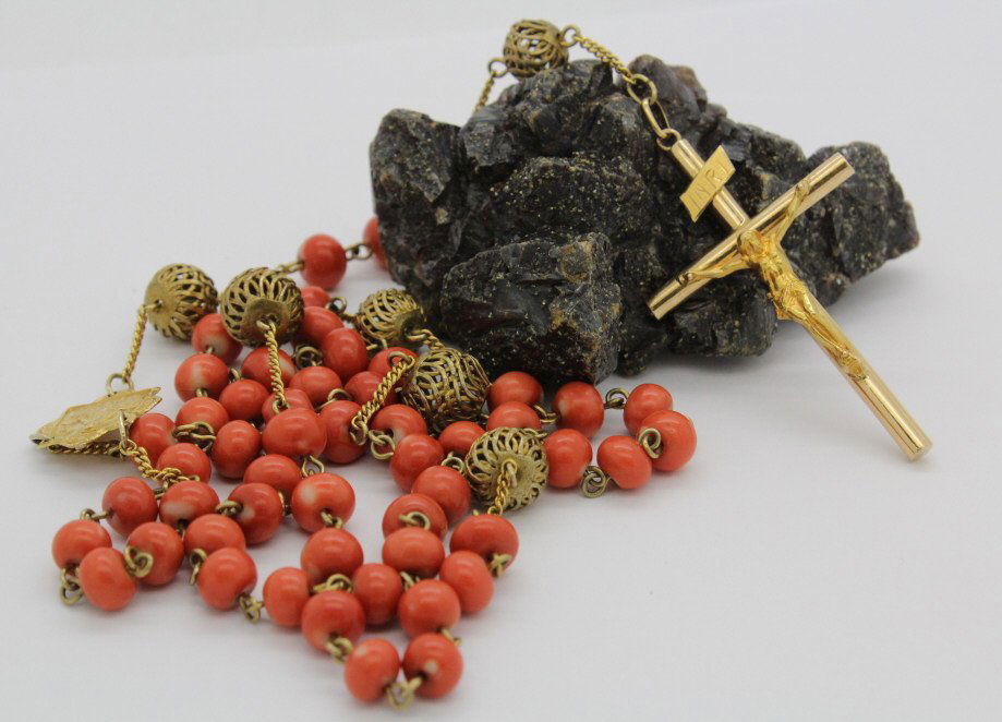 Antique 14k Gold Pink Angel Skin Red Coral Rosary 50.9g (1 of 6)