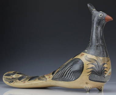 Vintage Mexican Pottery Bird from Morris Lapidus Estate: Vintage hand painted Mexican pottery bird figurine from Morris Lapidus' personal Miami residence. Previously installed as part of the Bass Museum of Art exhibit "Promises of Paradise" which toured the