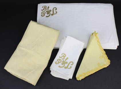 Morris Lapidus Estate Embroidered Napkin Place Mat Set: Table linen set designed by Morris Lapidus. Collection includes: set of 11 gold embroidered monogram place mats, set of 9 gold embroidered monogram linen napkins, yellow linen table cloth 7' x 5' and