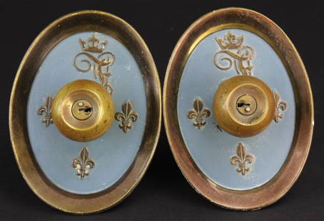 Pr Fontainebleau Bronze Door Knob Morris Lapidus Estate: Pair of Morris Lapidus designed bronze door knobs for the Fontainebleau Hotel in Miami Beach. Back plate features the hotel's signature crowned F monogram and three fleur de lis against a blue backgro