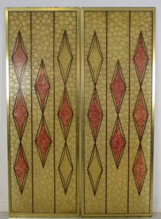 Pair Morris Lapidus Mid Century Modern Shower Door: Pair Morris Lapidus designed shower doors. Constructed of fiber glass with gold color anodized aluminum frames. From the Bass Museum of Art collection. Each door measures 84" x 28 3/4" x 3/4" Good