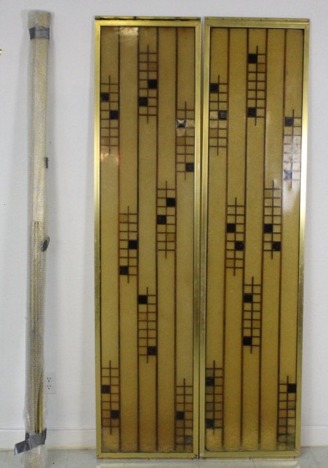 Pr Morris Lapidus Mid Century Modern Shower Doors: Pair Morris Lapidus designed shower doors. Constructed of fiber glass impregnated bamboo rings walnut and color lucite fritz. Gold color anodized aluminum frames. Each door measures approximately 85" 