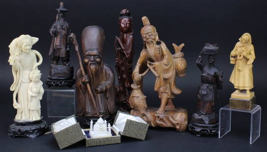 Group 8 Carved Wood Asian Figures Morris Lapidus Estate: Assembled grouping of figures from Morris Lapidus' personal Miami residence. Consists of five carved wood figures and two composition figures in the Asian style. Small marble model of Taj Mahal in cas