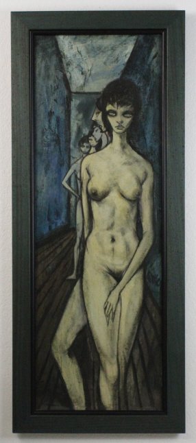 Signed Charles Levier Mod Blue Female Nude Oil Painting: Original mod style portrait oil on canvas painting by listed artist Charles Levier (1920-2003 New York / France). Depicts a female nude against a blue shaded background. Strong image from this mid cen
