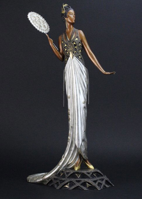 Signed Erte FEDORA Art Deco Lady w Fan Bronze Sculpture (1 of 8)