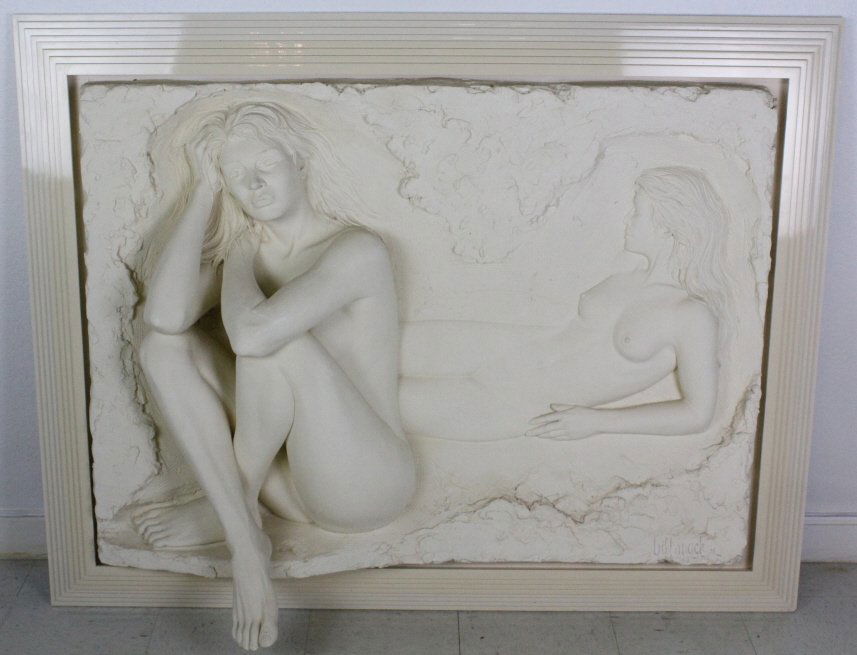 Signed BILL MACK Reflections Female Nude Wall Sculpture: Authentic Signed Bill Mack (1949-Minnesota) Bonded Sand Wall Sculpture. Reflections depicts a very desireable double female nude scene. Limited Edition 38 of 99. Measures Approximately 45 1/2" x 59 1/