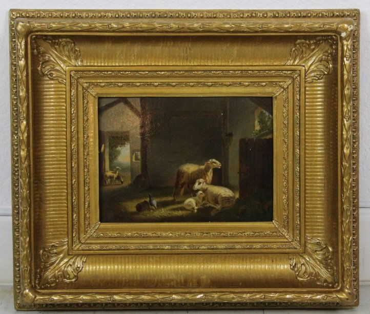 Signed Julius Scheuerer Sheep in Barn Oil Art Painting (1 of 5)