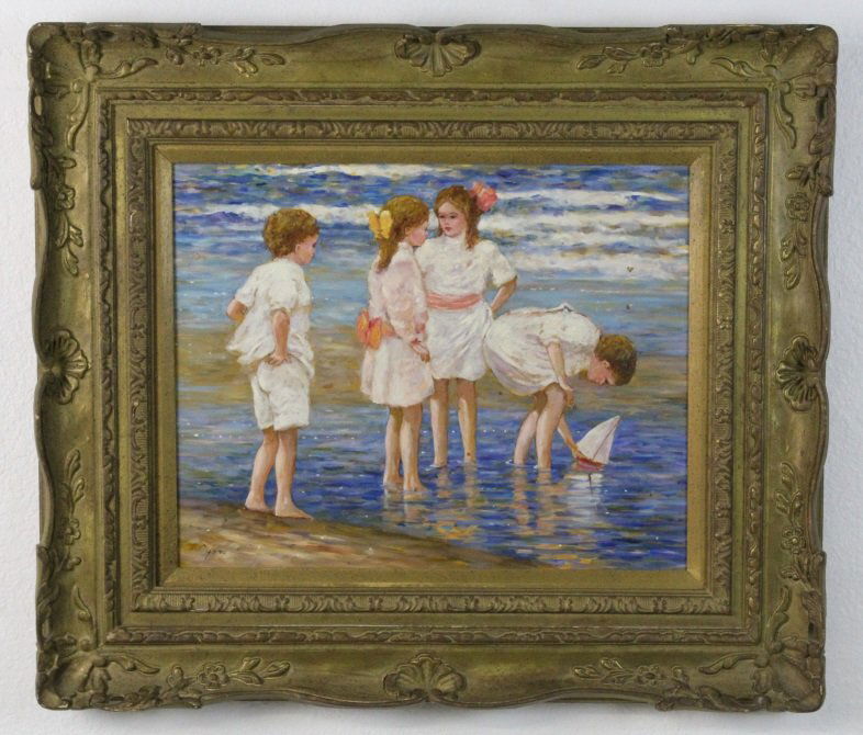 Signed EJ Cygne French Impressionist Painting Enfants (1 of 6)