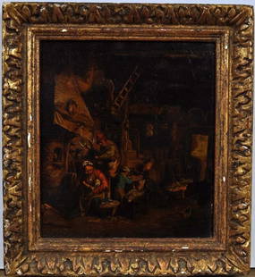 1640's Circle Adrian van Ostade The Family Oil Painting: Antique oil painting attributed to the Circle of Adrian van Ostade. Circa 1640's oil on oak panel believed to be a study from the engraving "The Family". Unsigned. Verso retains three wax seals.