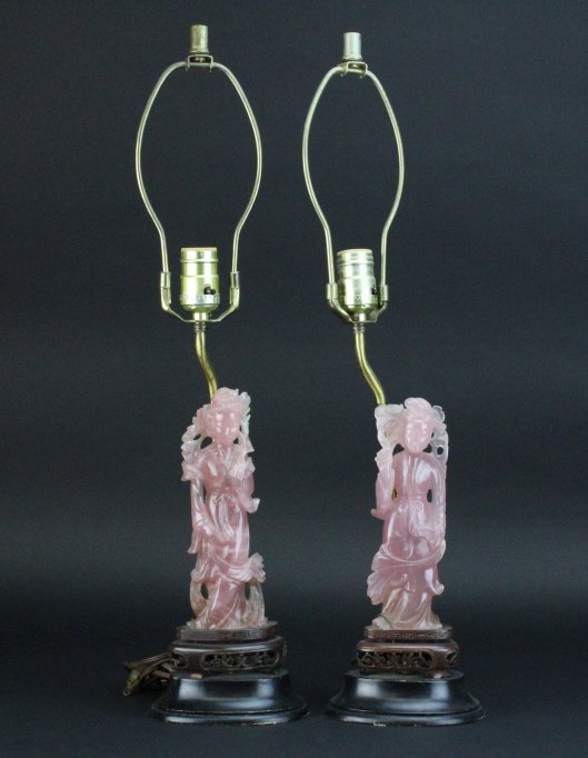 Pair Chinese Carved Pink Rose Quartz Statue Lamps (1 of 6)