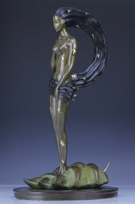 Erte AUTUMN Art Deco Female Nude Bronze Sculpture: "Autumn" sculpture by Erte aka Romain De Tirtoff (1892-1990 Russia). Crafted out of cast bronze with hand applied patination and gold embellishments. Depicts a beautiful Art Deco nude female on a leaf