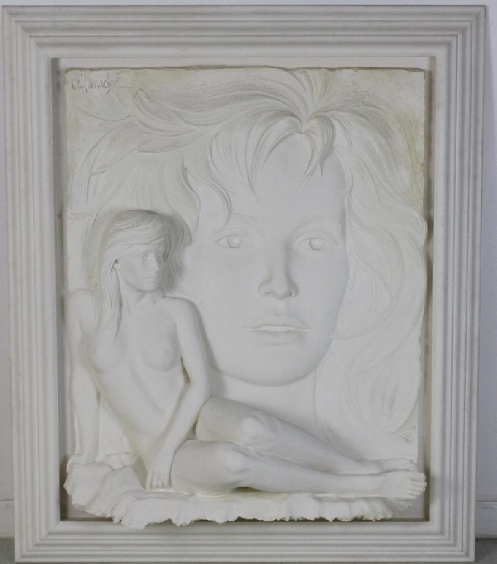 BILL MACK VISIONS Female Nude 3D Limited Sand Sculpture: Visions sculpture by Bill Mack (1949- American). Crafted of bonded sand. Features a reclining nude female with a double image of her face enlarged on the background. Housed in a ivory white lacquered