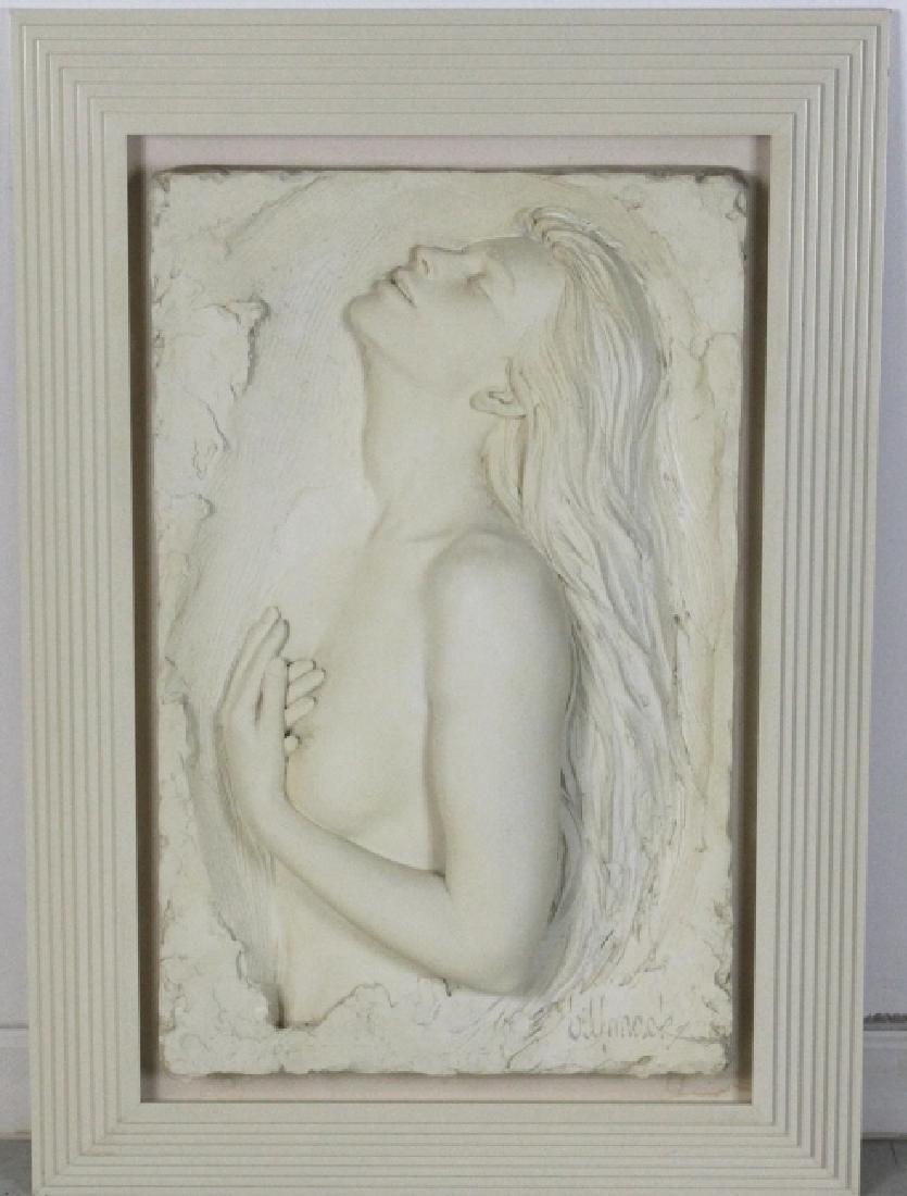 BILL MACK Passion Female Nude 3D Limited Sand Sculpture: Passion sculpture by Bill Mack (1949- American). Crafted of bonded sand. Features a nude female in deep three dimensional relief. Housed in a ivory white lacquered frame. Image measures 32" x 20" Fram