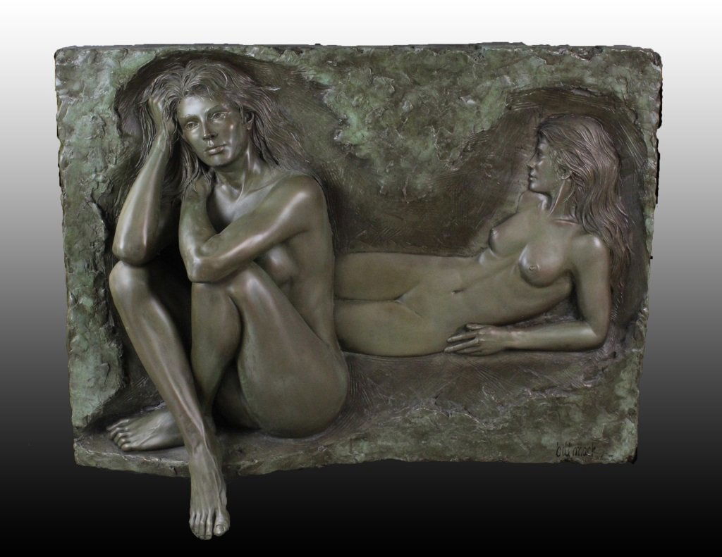 BILL MACK Reflections Female Nude Bronze Sculpture: Reflections sculpture by Bill Mack (1949- American). Crafted of bonded bronze. Features a double image of nude females in deep three dimensional relief. Housed in a black lacquered frame. Measures App