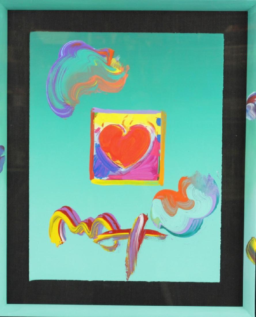 Signed PETER MAX Mixed Media Acrylic HEART Painting: Mixed media and acrylic painting by Peter Max (1937- New York). Pop art style "Heart" painting. Housed in a black gloss frame with black linen and hand painted bevel matting. Signed lower right. 10 1/