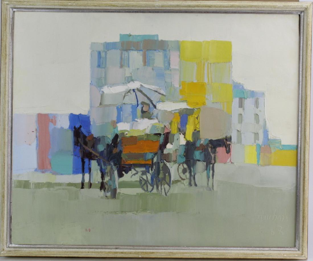 Signed NICOLA SIMBARI Landscape Original Oil Painting: Authentic original oil on canvas landscape painting by Nicola Simbari (1927-2012 Italy). Features a modernist style with a horse drawn cart. Signed lower right, dated 67. Canvas measures 19 1/2" x 23 