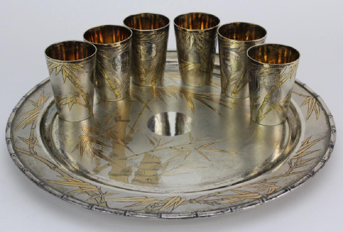Japanese 800 Silver Gold Bamboo Sake Cups w/ Tray (1 of 7)