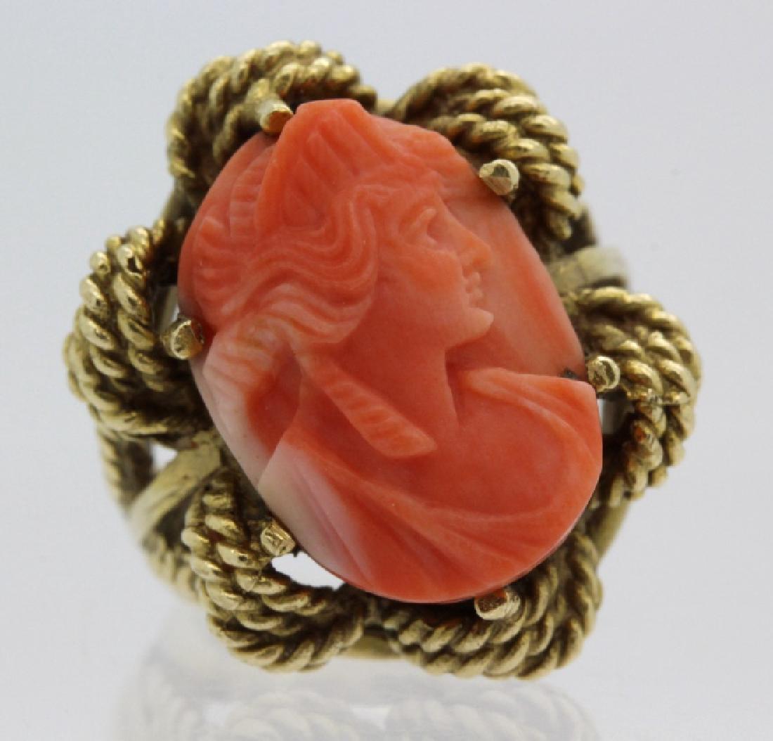 14k Gold Carved Red Salmon Pink Coral Cameo Ring Size 6 (1 of 6)