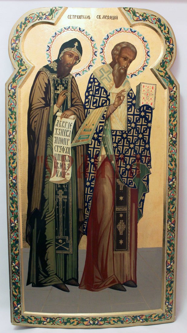 A RUSSIAN ICON OF THE ST. KIRIL & MEFODIY, 19 CENTURY.: Traditionally painted. 53 inches х 29 inches (135х73 cm).