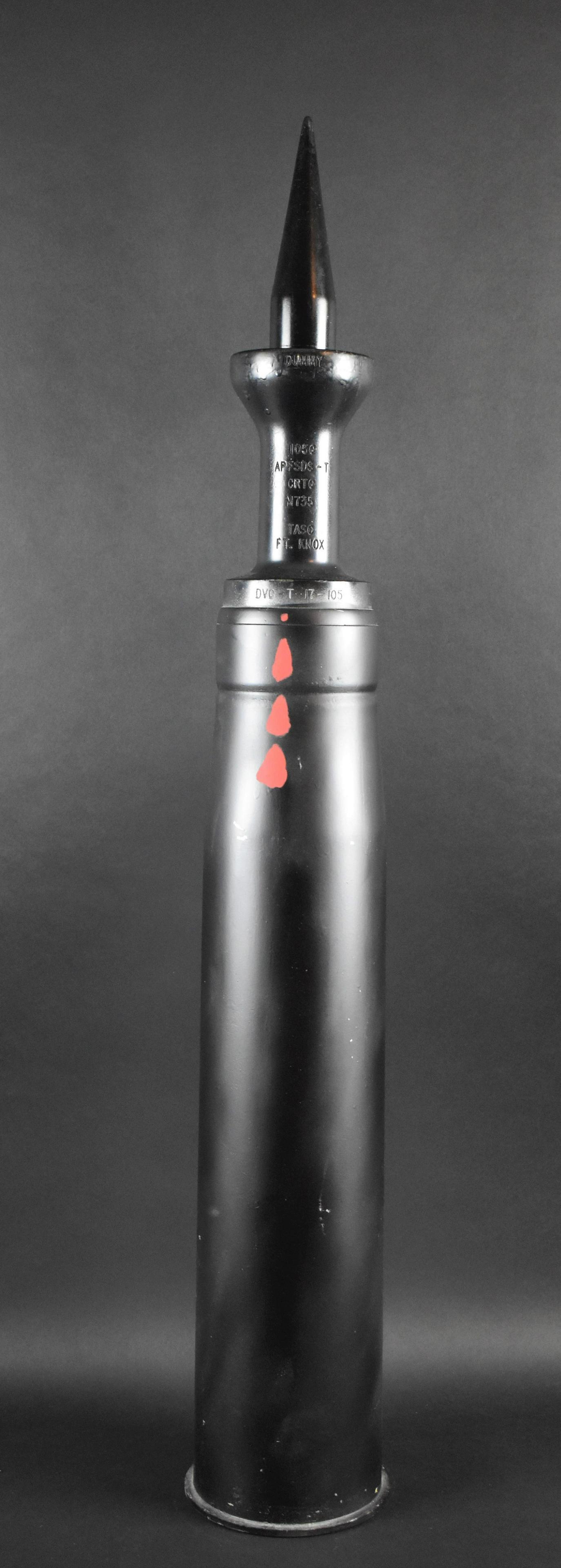 Â20TH CENTURY ARTILLERY SHELL: (Marked Dummy) 155mm: Marked "105C, PFSDS-T, CRTC, M735, TASC, Ft Knox, DVC-T-17-105. Possibly A 155mm Howitzer Projectile. Approximately 35 Lbs Weight.