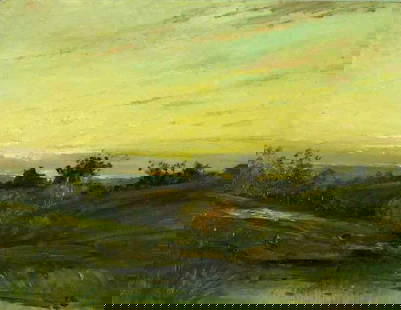 BARBIZON SCHOOL 19TH CENTURY OIL ON BOARD: 19th Century, Figure In A Rolling Hills Lanscape Fishing In A Stream, Unframed, Initialed Lr. EG Or ES. 12.5"H. 16"W.