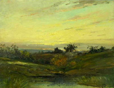 BARBIZON SCHOOL 19TH CENTURY OIL ON BOARD: 19th Century, Figure In A Rolling Hills Lanscape Fishing In A Stream, Unframed, Initialed Lr. EG Or ES. 12.5"H. 16"W.