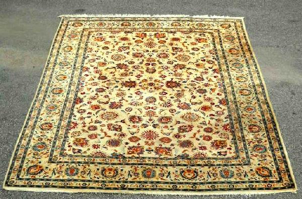 KASHMAR ORIENTAL RUG:: C.1960, Iranian, Cream Fie With Multi-Color Emblems And Designs Throughout, And Similar Decorated Border. 12'4" X 9'.