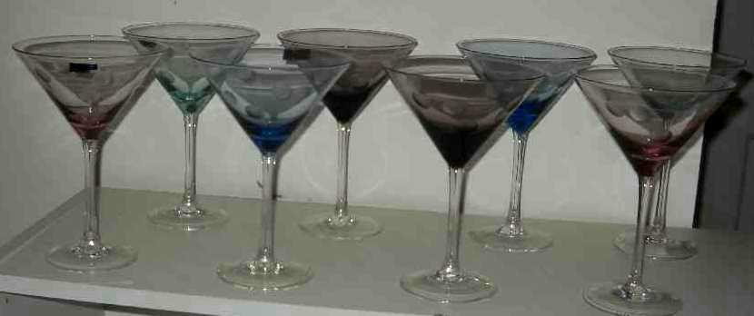 EIGHT MARQUIS WATERFORD MARTINI GLASSES:: Various Colors, Purple, Blue, Pink, Aqua, Excellent Condition.