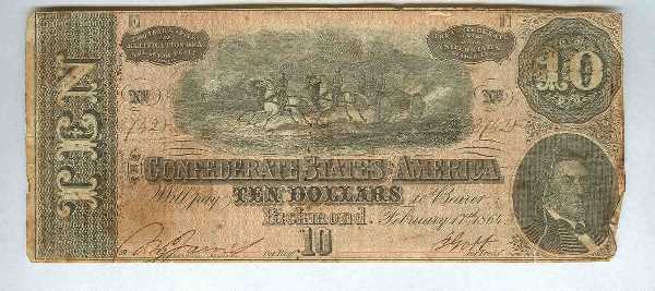 RICHMOND CONFEDERATE TEN DOLLAR BILL: C.1864, Bill: RICHMOND CONFEDERATE TEN DOLLAR BILL: C.1864, Bill Is Heavly Stain On Both Front And Back.
