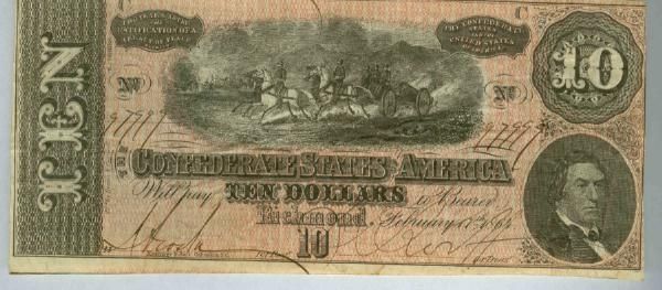 RICHMOND CONFEDERATE TEN DOLLAR BILL: C.1864, Bill: RICHMOND CONFEDERATE TEN DOLLAR BILL: C.1864, Bill Is In Very Good Condition, With A Few Stains On Back.