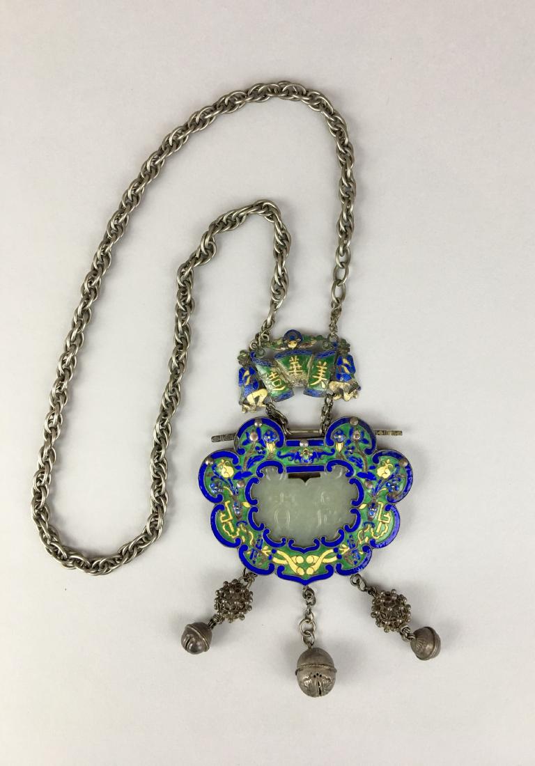 A CHINESE JADE-MOUNTED SILVER ENAMEL AMULET AND (1 of 7)
