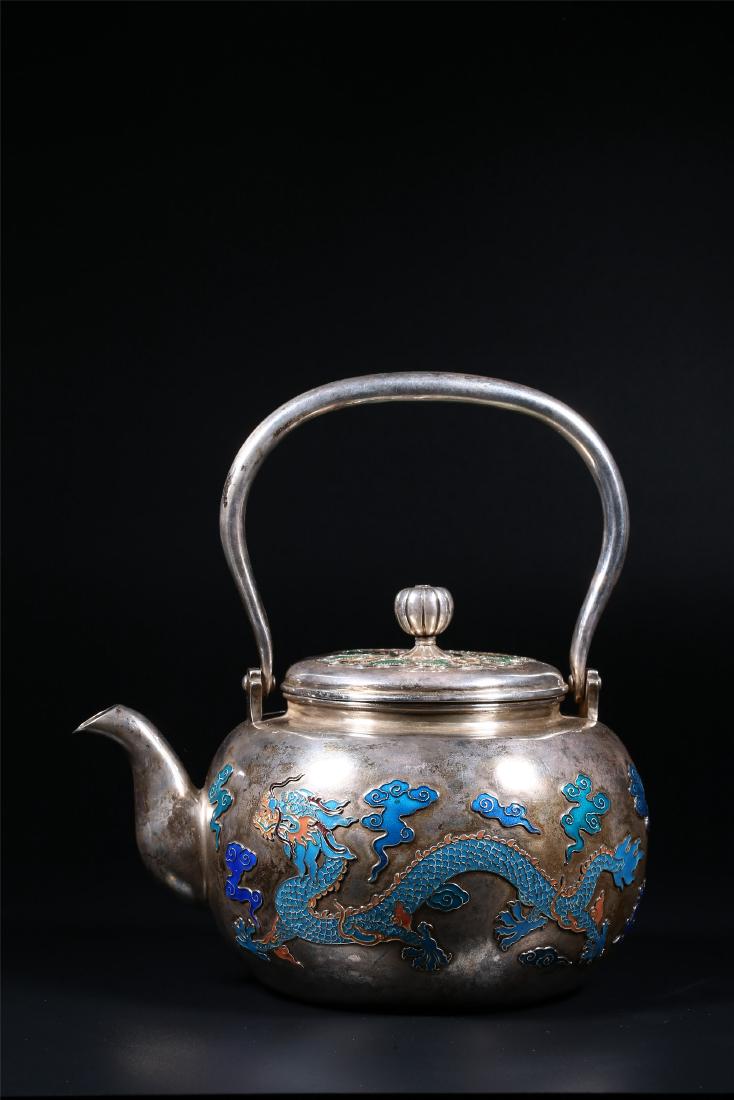 A CHINESE SILVER AND ENAMEL TEA KETTLE (1 of 8)