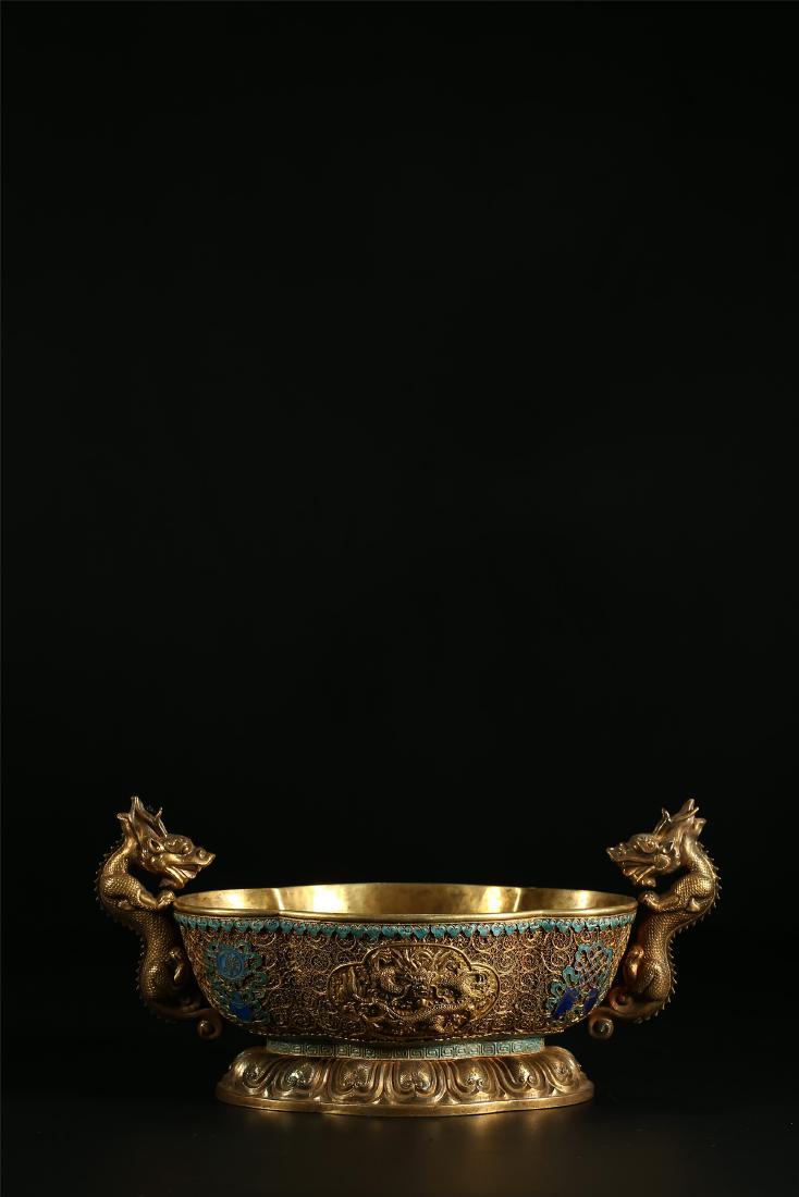 A CHINESE GILT SILVER DOUBLE "DRAGON" HANDLED BOWL (1 of 7)