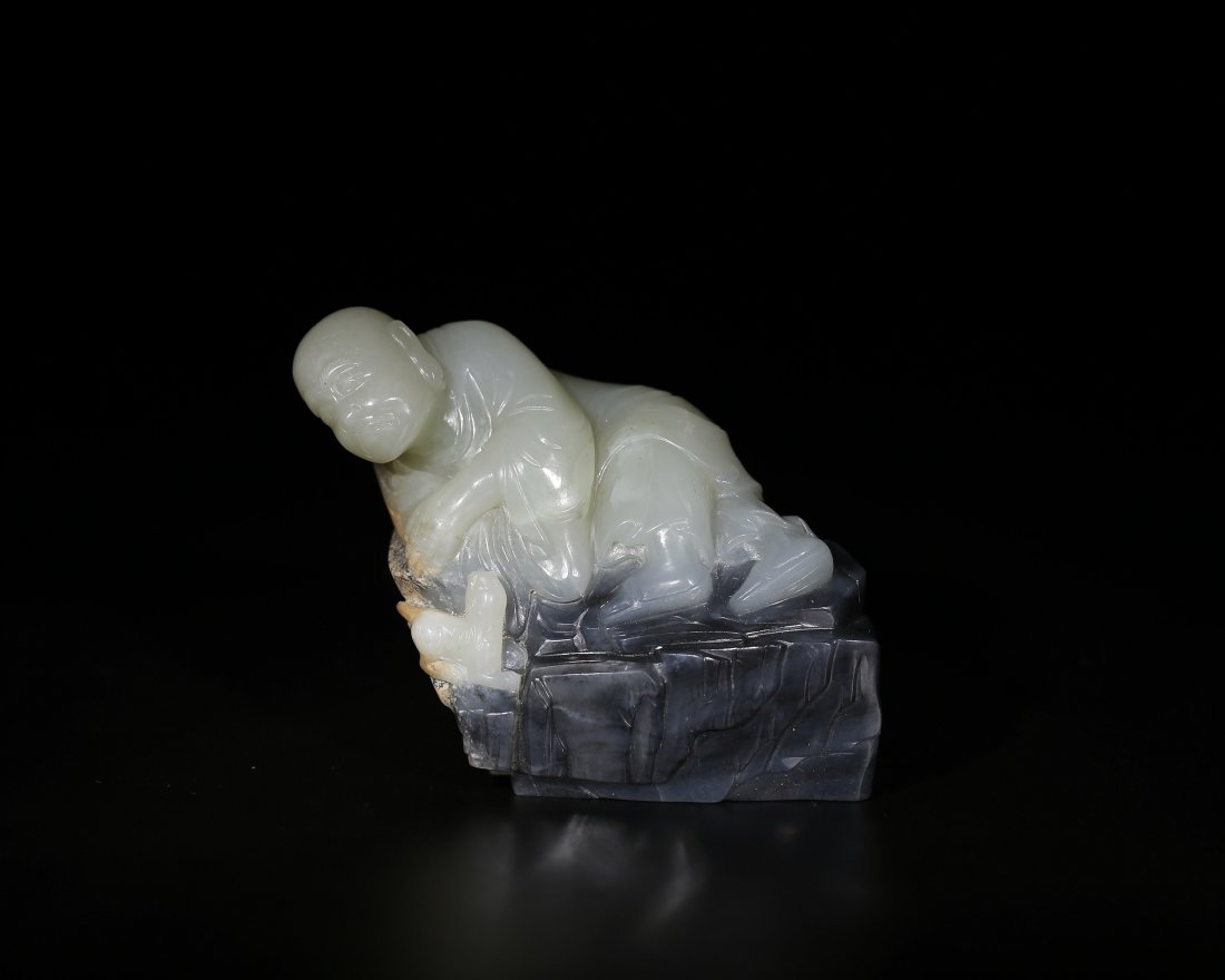 A CHINESE JADE FIGURE OF TIGER-TAMING LUOHAN (1 of 10)