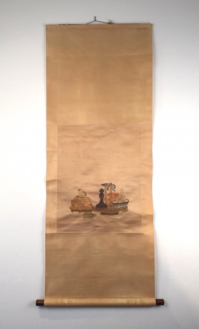A CHINESE EMBROIDERED SILK PANEL HANGING SCROLL (1 of 9)