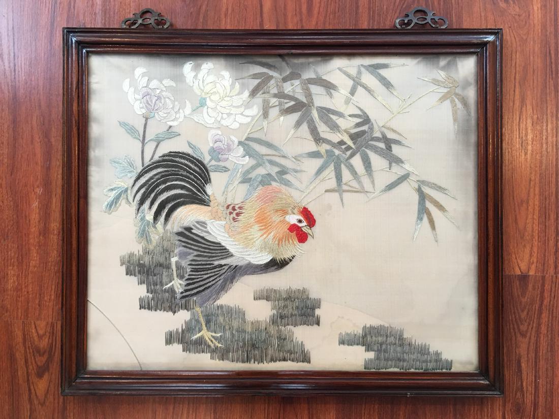 A CHINESE EMBROIDERED SILK PANEL WITH WOOD FRAME (1 of 3)