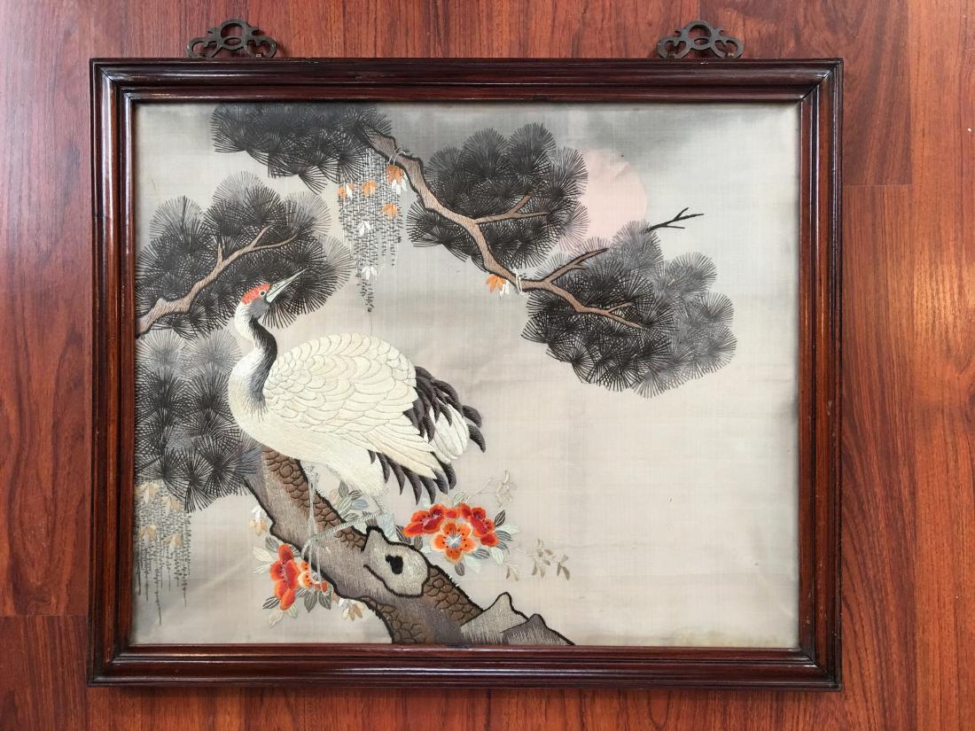A CHINESE EMBROIDERED SILK PANEL WITH WOOD FRAME (1 of 3)