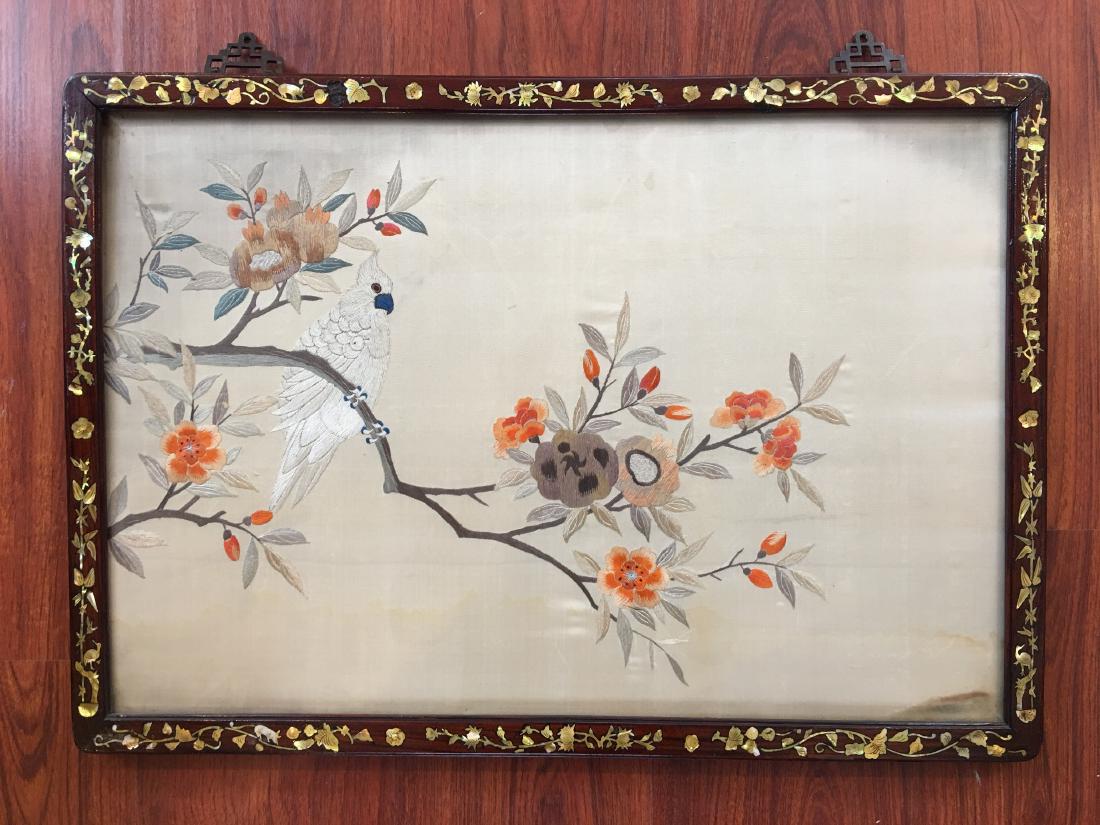 A CHINESE EMBROIDERED SILK PANEL  WITH WOOD FRAME WITH (1 of 3)