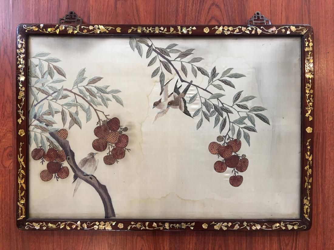 A CHINESE EMBROIDERED SILK PANEL  WITH WOOD FRAME WITH (1 of 4)