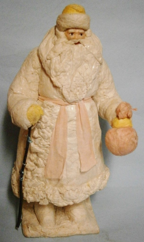 Vintage Cotton Batting Santa Claus made in Russia: Vintage Cotton Batting Santa Claus made in Russia, 12 in. tall, has hand painted pressed cardboard face.