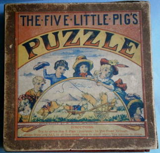 The Five Little Pig's Puzzle by R. Bliss: The Five Little Pig's Puzzle by R. Bliss Mfg. Co from turn of the century, 6 1/2 x 6 1/2 in., wood with cardboard top, nice early Bliss game.